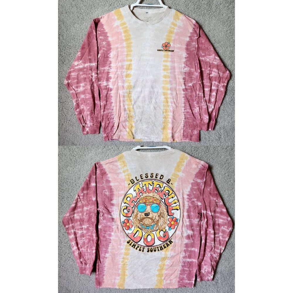 Simply Southern Unisex Adult Long Sleeve Tshirt Tie Dye "Grateful Dog" Sz Large
